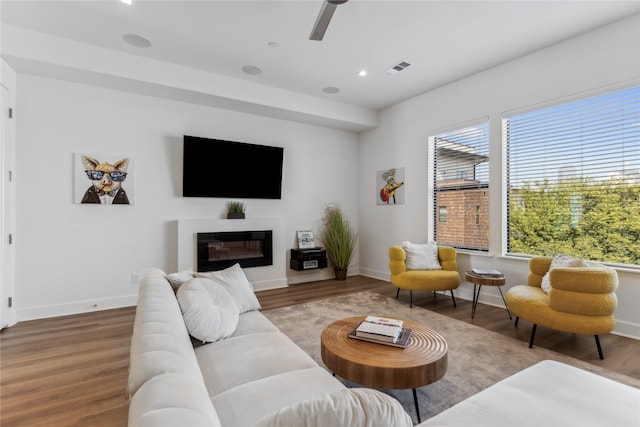 living room featuring wood-type flooring and ceiling fan