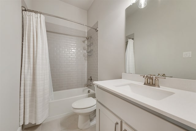 full bathroom with shower / tub combo, vanity, toilet, and tile patterned floors