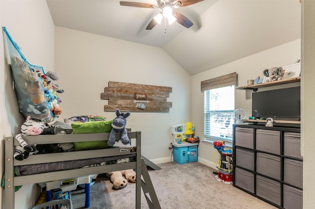 bedroom with light carpet, lofted ceiling, and ceiling fan