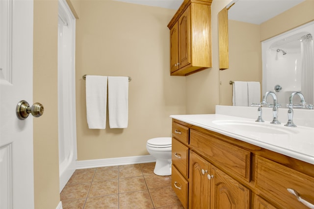 bathroom featuring a shower, vanity, toilet, and tile patterned floors