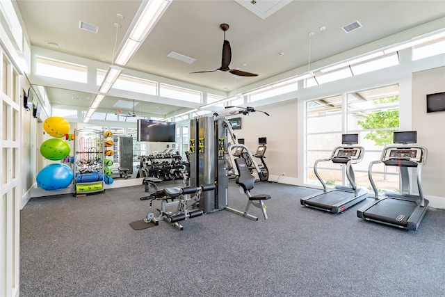 exercise room featuring ceiling fan