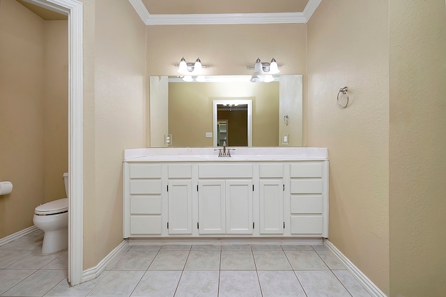 bathroom featuring vanity, tile patterned flooring, toilet, and crown molding