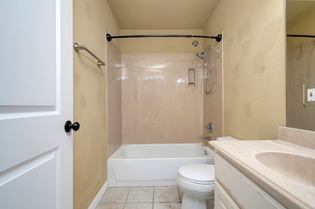 full bathroom featuring tub / shower combination, tile patterned floors, vanity, and toilet