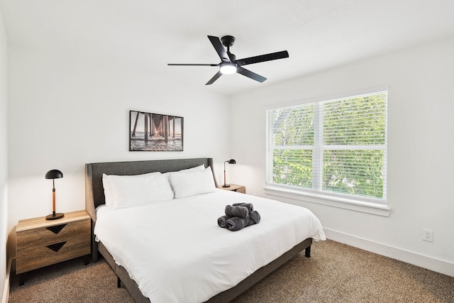 bedroom featuring carpet flooring and ceiling fan