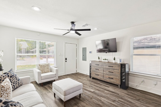 living room featuring ceiling fan, dark hardwood / wood-style floors, electric panel, and a wealth of natural light