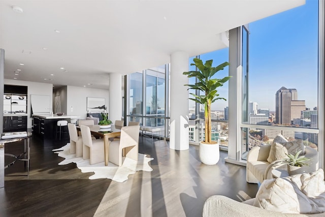 living room with plenty of natural light, floor to ceiling windows, and hardwood / wood-style floors