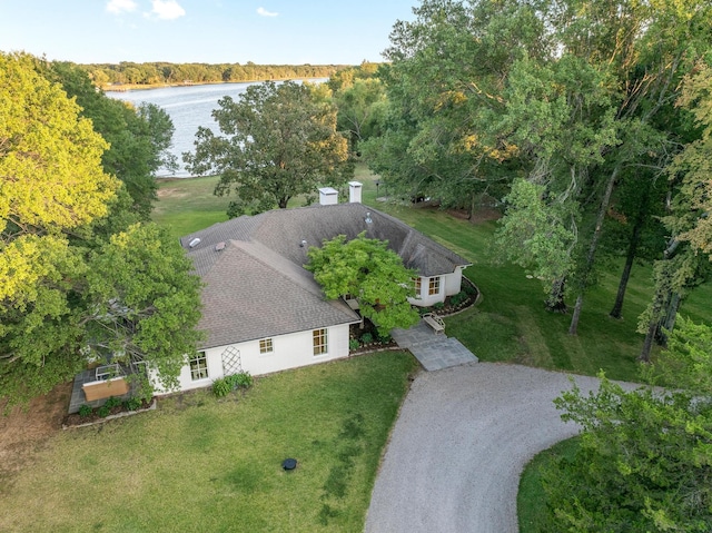 drone / aerial view featuring a water view