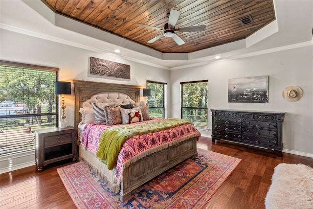 bedroom with wooden ceiling, ceiling fan, a raised ceiling, and dark hardwood / wood-style floors