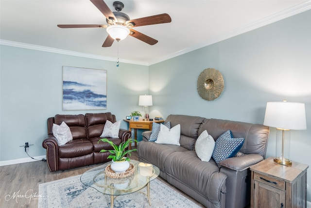 living room featuring ceiling fan, hardwood / wood-style flooring, and crown molding