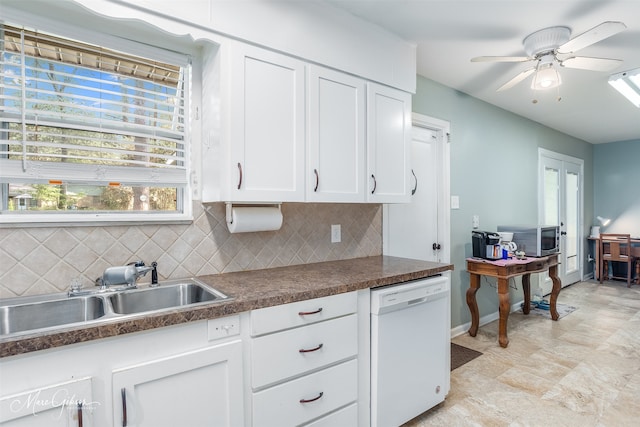 kitchen featuring ceiling fan, sink, backsplash, white cabinetry, and dishwasher