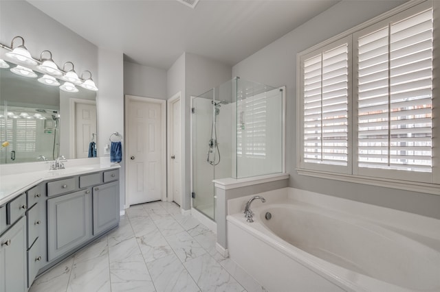 bathroom featuring plus walk in shower and vanity