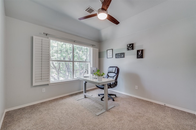 office area with ceiling fan and carpet flooring