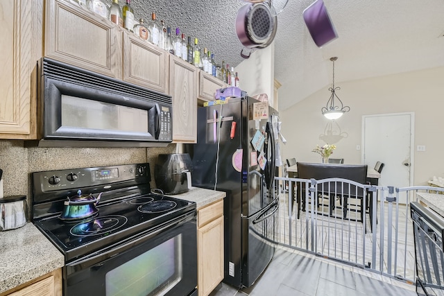 kitchen with a textured ceiling, black appliances, backsplash, light tile patterned floors, and light brown cabinetry