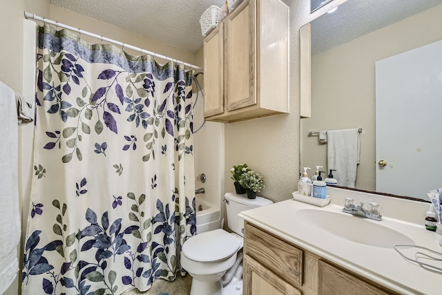 full bathroom featuring a textured ceiling, vanity, toilet, and shower / bathtub combination with curtain