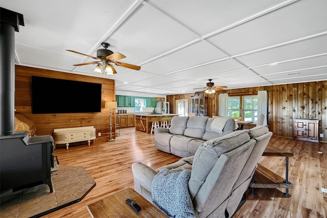 living room featuring light hardwood / wood-style floors, a wood stove, and a healthy amount of sunlight