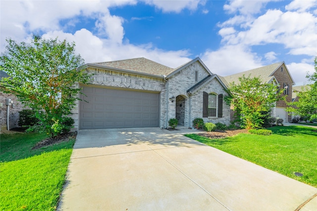 view of front of home with a garage and a front lawn