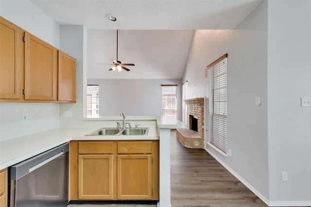 kitchen with a fireplace, dishwasher, lofted ceiling, ceiling fan, and sink