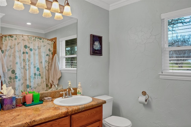 13823 Llano Dr, Weatherford, TX 76087 - bathroom featuring healthy amount of natural light, toilet, crown molding, vanity, and a shower with shower curtain