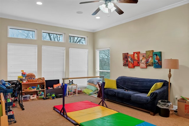 13823 Llano Dr, Weatherford, TX 76087 - game room featuring carpet flooring, crown molding, ceiling fan, and recessed lighting
