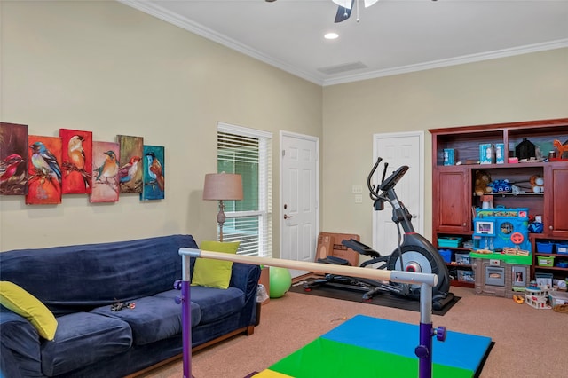 exercise room featuring ceiling fan, crown molding, and carpet flooring