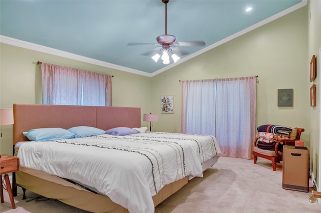 13823 Llano Dr, Weatherford, TX 76087 - bedroom with vaulted ceiling, light colored carpet, crown molding, and a ceiling fan