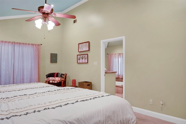 13823 Llano Dr, Weatherford, TX 76087 - bedroom featuring high vaulted ceiling, carpet floors, baseboards, crown molding, and connected bathroom