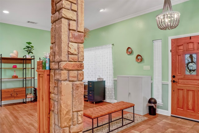 13823 Llano Dr, Weatherford, TX 76087 - entrance foyer featuring ornamental molding, a chandelier, baseboards, and recessed lighting