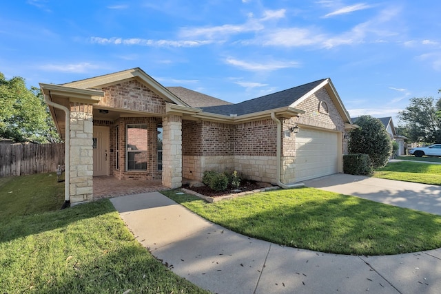 ranch-style house with a front yard and a garage