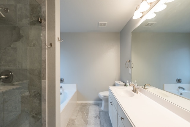 full bathroom featuring independent shower and bath, vanity, and toilet