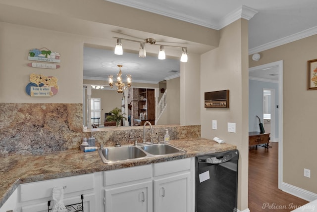 kitchen with black dishwasher, sink, white cabinetry, crown molding, and dark hardwood / wood-style flooring