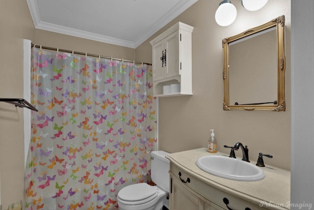 bathroom with ornamental molding, curtained shower, vanity, and toilet