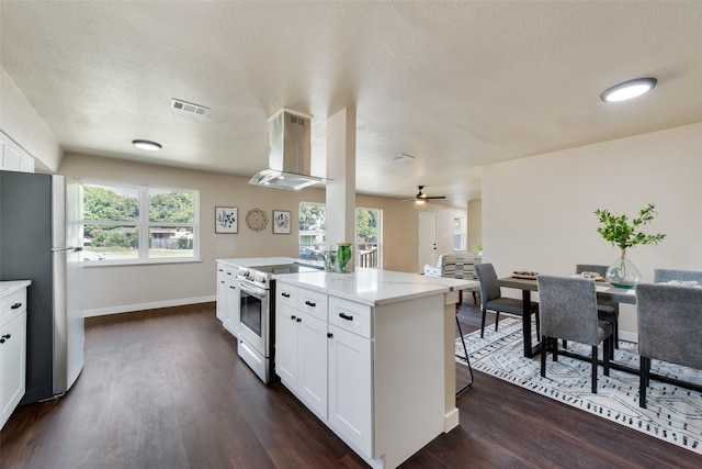 kitchen with ceiling fan, white cabinets, appliances with stainless steel finishes, dark hardwood / wood-style floors, and range hood