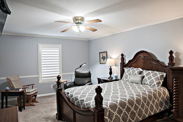 bedroom with light carpet, ceiling fan, and crown molding