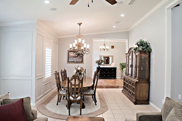 tiled dining room with ceiling fan with notable chandelier, crown molding, and vaulted ceiling