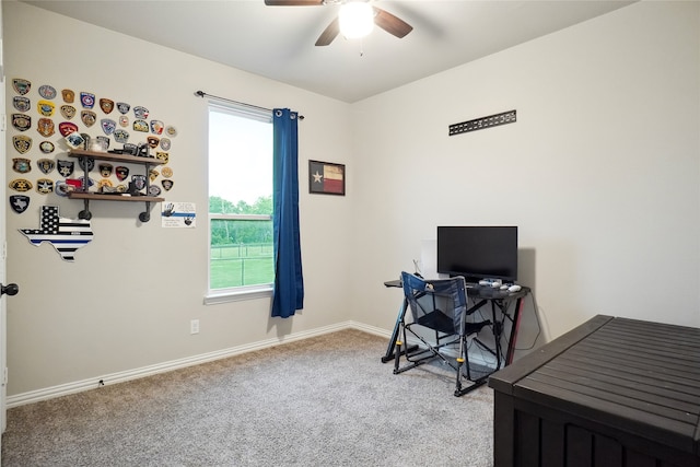 carpeted office with ceiling fan