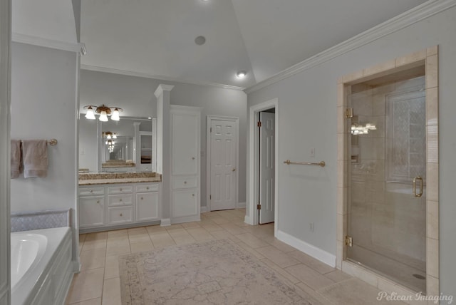 bathroom featuring crown molding, independent shower and bath, vanity, and tile patterned floors