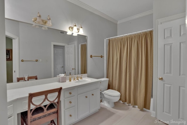 full bathroom with shower / bathtub combination with curtain, vanity, crown molding, toilet, and tile patterned floors