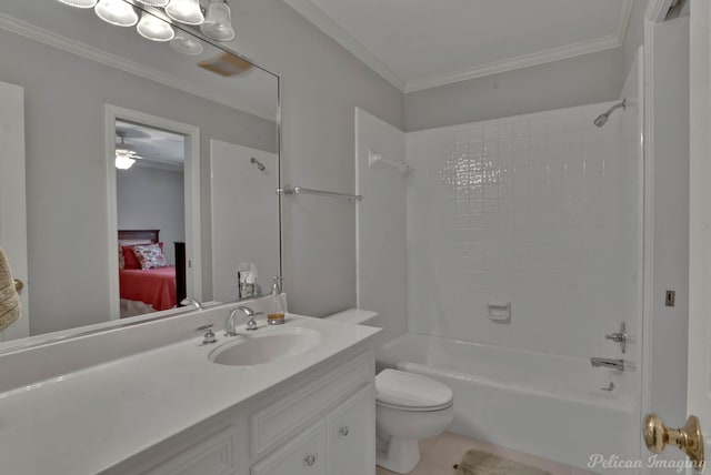 full bathroom with tile patterned flooring, shower / tub combination, ornamental molding, vanity, and toilet