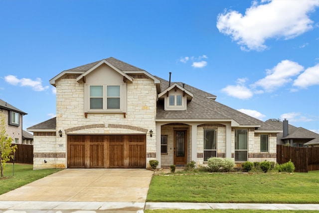 view of front of house with a front yard and a garage