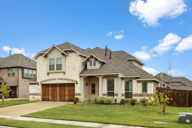 view of front of property featuring a front lawn and a garage