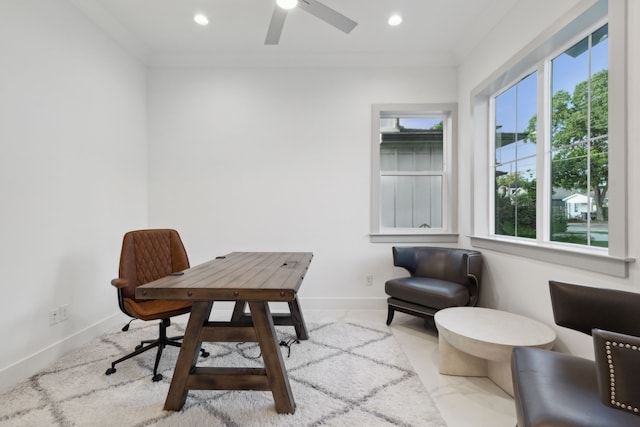 home office featuring ceiling fan and crown molding