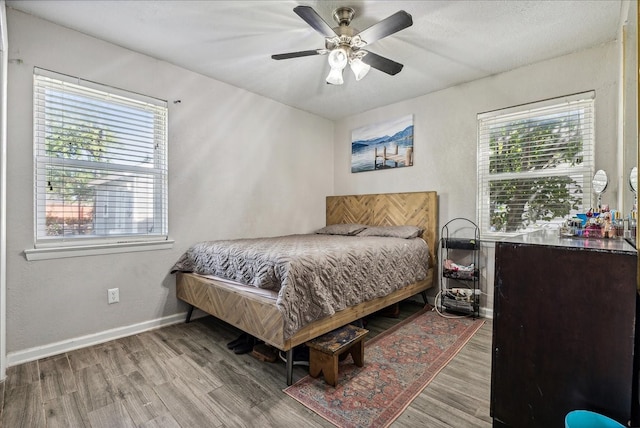 bedroom featuring ceiling fan, multiple windows, and light hardwood / wood-style flooring