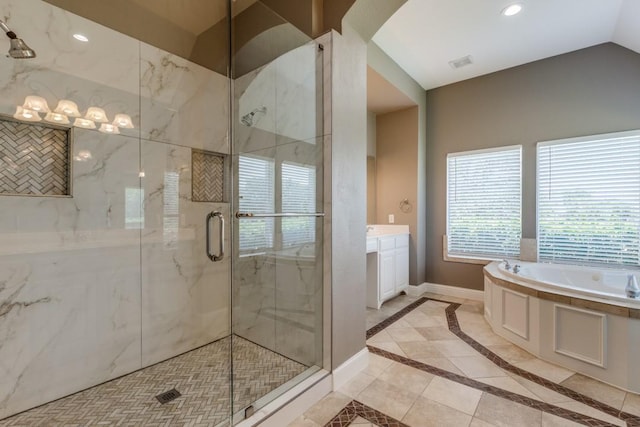 5802 Parker Village Dr, Parker, TX 75002 - full bathroom featuring a marble finish shower, a garden tub, inlaid floor details, baseboards, and vanity
