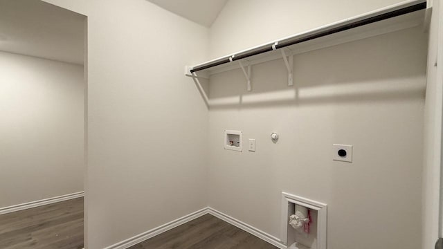 clothes washing area featuring hookup for an electric dryer, washer hookup, hookup for a gas dryer, and dark wood-type flooring