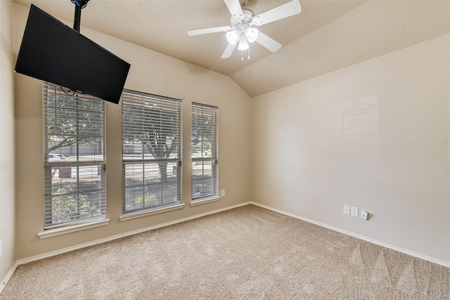 carpeted spare room with lofted ceiling, a wealth of natural light, and ceiling fan