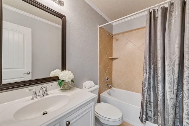 full bathroom featuring shower / bath combo, ornamental molding, vanity, and toilet