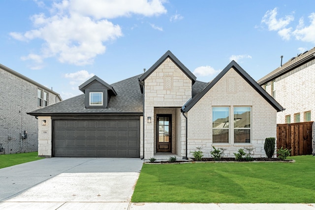 view of front of home with a front yard and a garage