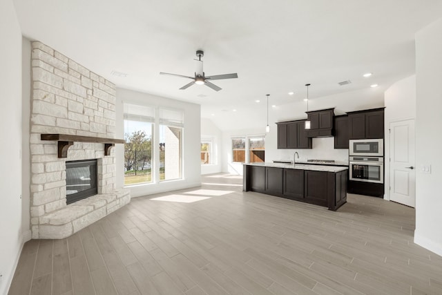 kitchen featuring hanging light fixtures, ceiling fan, light wood-type flooring, a fireplace, and appliances with stainless steel finishes