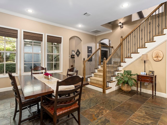 7005 Shinnecock Hills Dr, Fort Worth, TX 76132 - dining room with arched walkways, baseboards, visible vents, and stone tile flooring