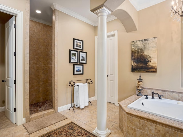 bathroom with crown molding, plus walk in shower, and ornate columns